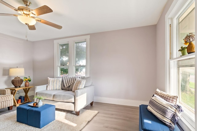 living room with light hardwood / wood-style floors and ceiling fan