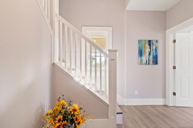 stairway with hardwood / wood-style flooring