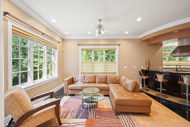 living room featuring ceiling fan, sink, and ornamental molding