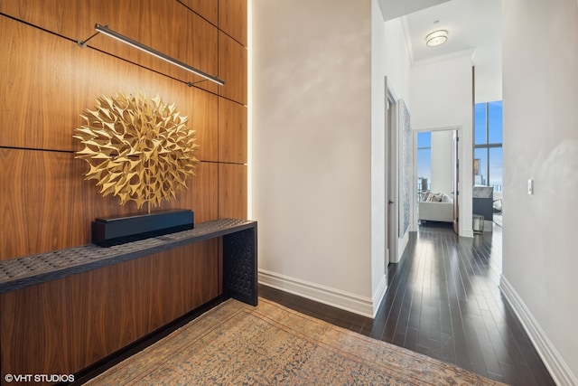 interior space featuring ornamental molding and dark wood-type flooring