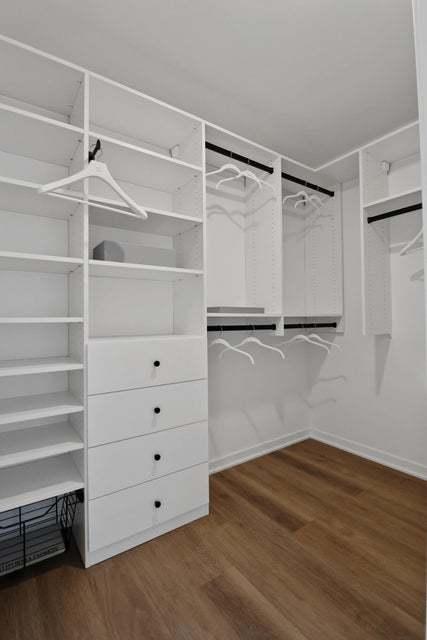 walk in closet featuring dark wood finished floors