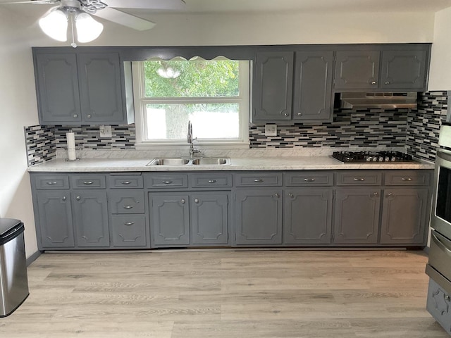 kitchen with stainless steel gas stovetop, sink, gray cabinetry, and light hardwood / wood-style flooring