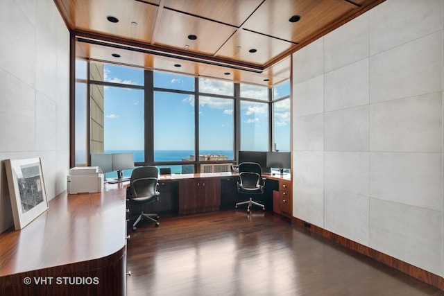 office space with dark wood finished floors and tile walls