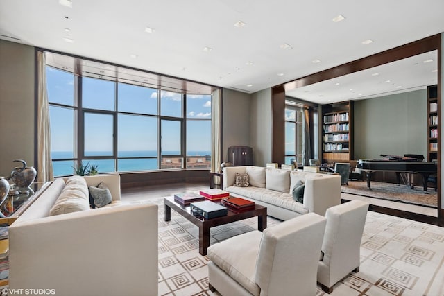 living room with a water view