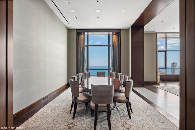 dining space with expansive windows, plenty of natural light, and baseboards