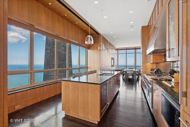 kitchen with a kitchen island with sink, modern cabinets, range with two ovens, and a sink