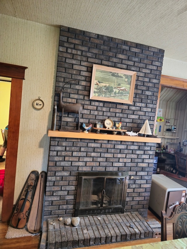 details with a brick fireplace