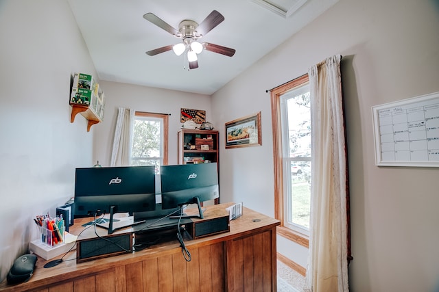 office space with ceiling fan