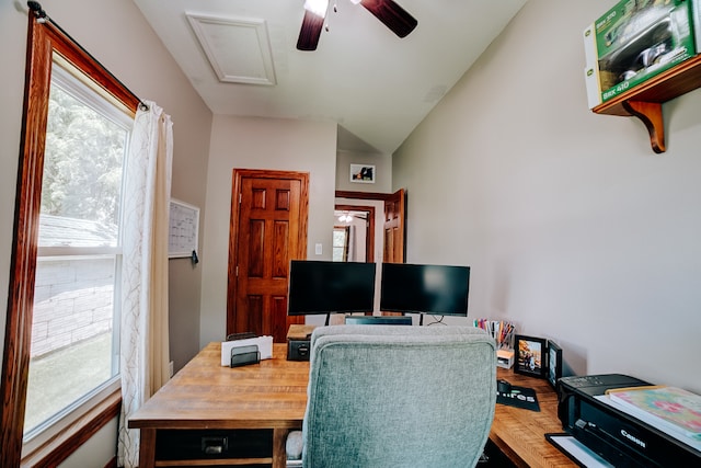 office space with light hardwood / wood-style floors, vaulted ceiling, and ceiling fan