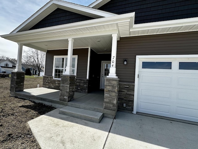 property entrance featuring stone siding and a porch