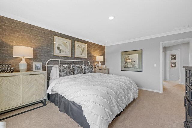 carpeted bedroom featuring ornamental molding