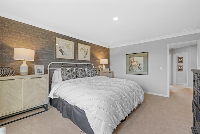 bedroom featuring light carpet, ornamental molding, and baseboards