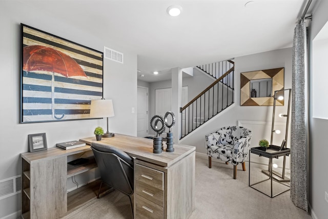 office space with light carpet, baseboards, visible vents, and recessed lighting