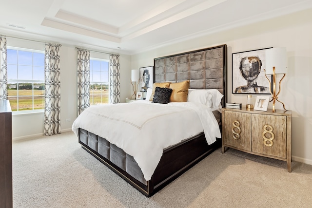 bedroom with light carpet, multiple windows, and a raised ceiling