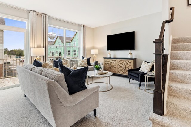 living room with light colored carpet