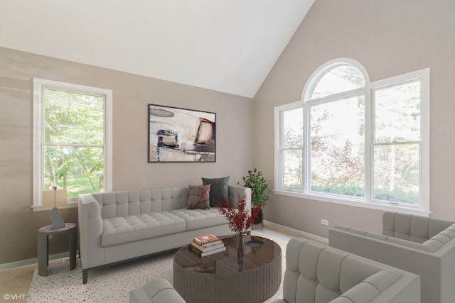 living room with a wealth of natural light, carpet flooring, and high vaulted ceiling