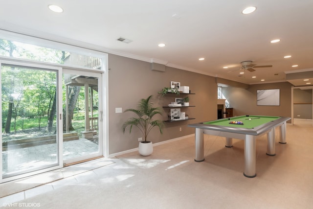 playroom featuring ceiling fan, ornamental molding, pool table, and a wealth of natural light