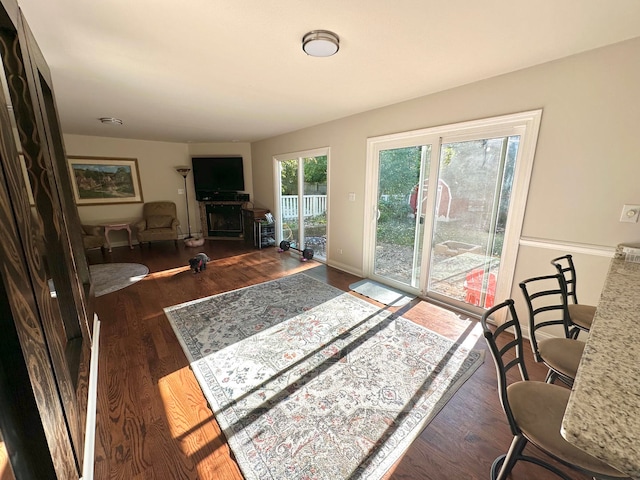 living room with dark hardwood / wood-style floors