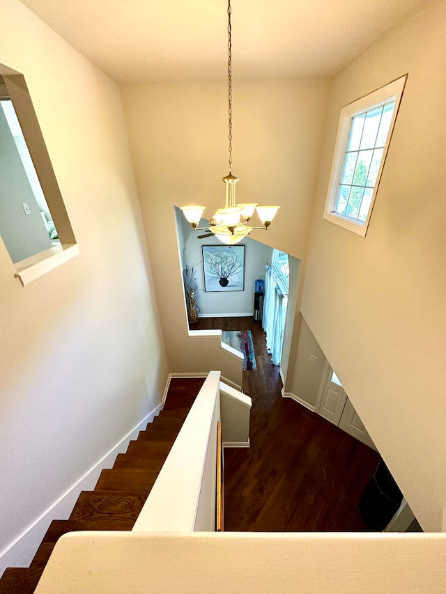 stairs featuring a notable chandelier and hardwood / wood-style floors