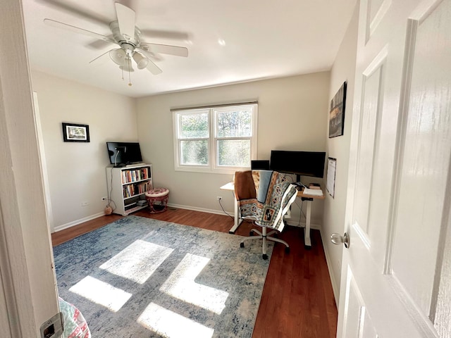 home office with ceiling fan and dark hardwood / wood-style floors