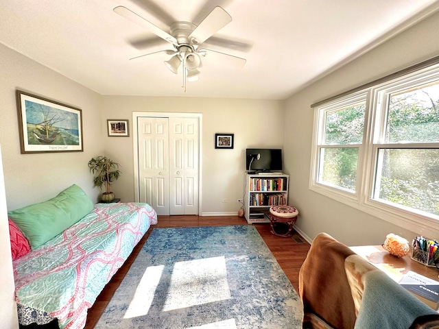 bedroom with ceiling fan, a closet, and dark hardwood / wood-style floors