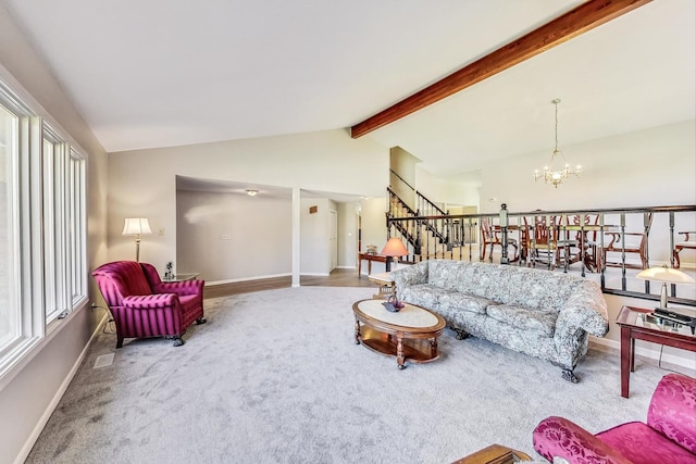 living room with an inviting chandelier, carpet floors, and vaulted ceiling with beams