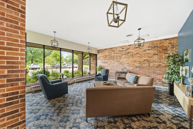 interior space with brick wall and dark carpet