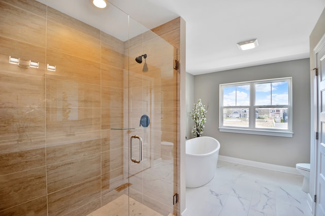 bathroom with a shower with shower door, toilet, and tile patterned floors