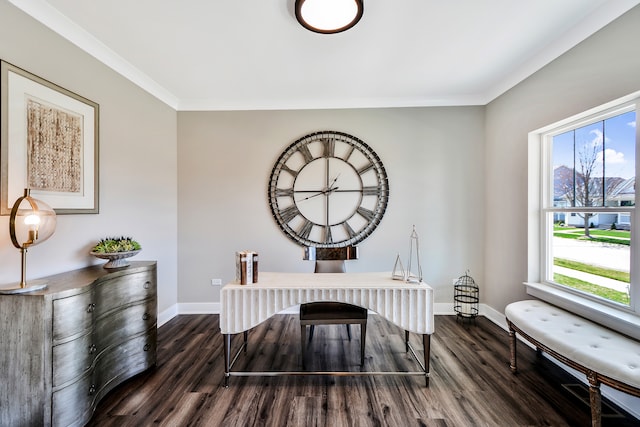 dining area featuring dark hardwood / wood-style flooring and ornamental molding