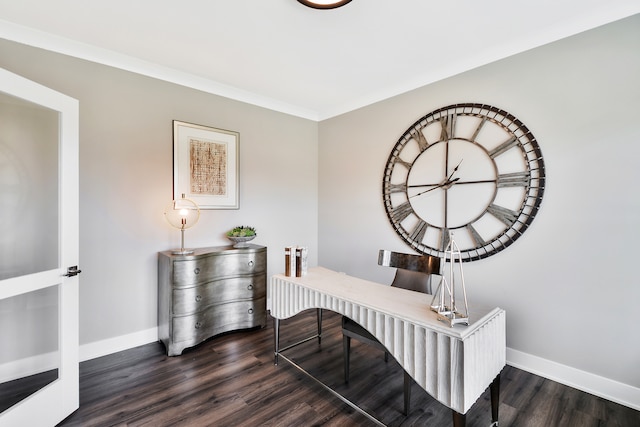 office area with crown molding and dark hardwood / wood-style floors