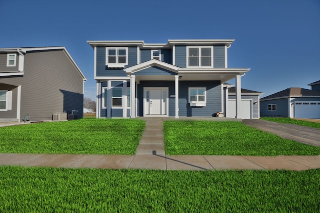 view of front of property featuring a porch, a garage, central AC, and a front lawn