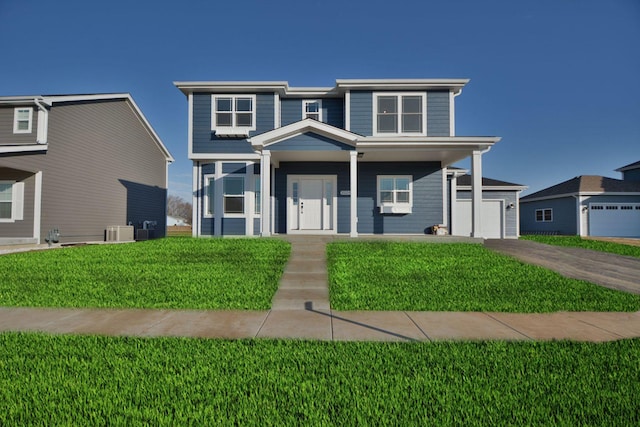 view of front of home featuring a porch, a front yard, and central air condition unit