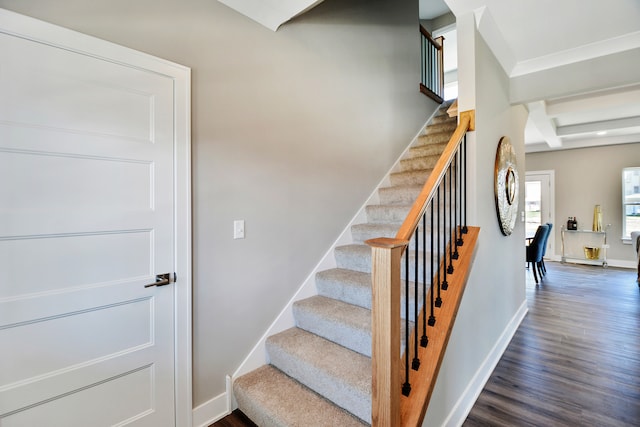 stairway with dark hardwood / wood-style floors