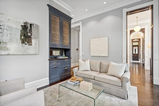 1407 N Hoyne Ave, Chicago, IL 60622 - living room featuring dark wood-style floors, crown molding, arched walkways, and recessed lighting