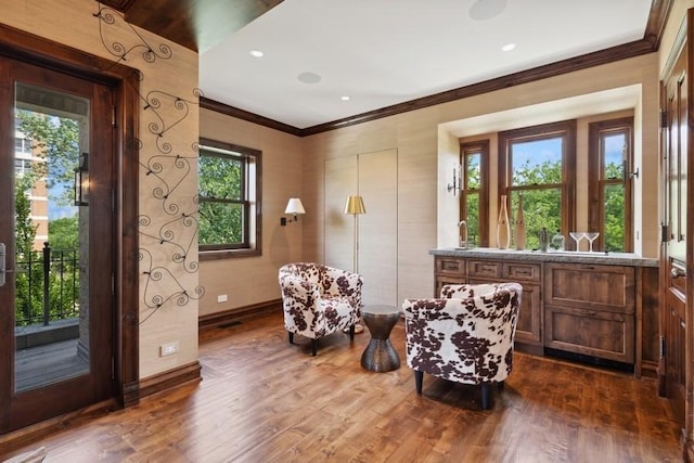 1407 N Hoyne Ave, Chicago, IL 60622 - living area with ornamental molding, dark wood-style floors, and recessed lighting