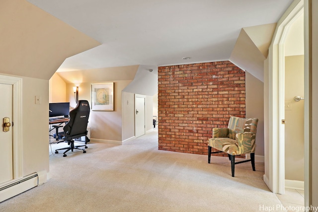 office area featuring a baseboard heating unit, vaulted ceiling, and light carpet