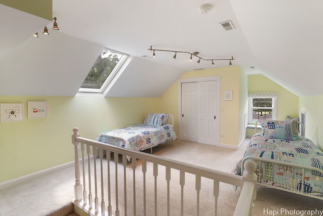 bedroom featuring vaulted ceiling with skylight, carpet flooring, rail lighting, and a closet