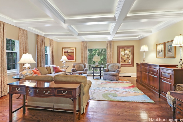 living room featuring a baseboard heating unit, coffered ceiling, dark hardwood / wood-style floors, and beamed ceiling