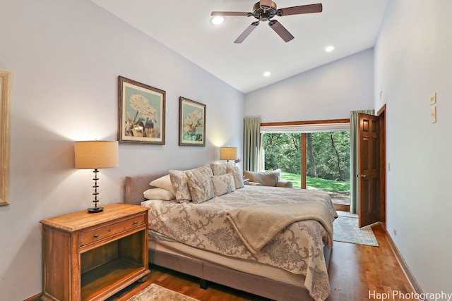 bedroom with access to outside, high vaulted ceiling, ceiling fan, and hardwood / wood-style flooring