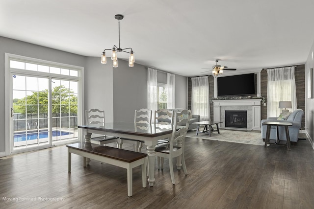 dining room featuring dark wood-type flooring, ceiling fan with notable chandelier, and a fireplace