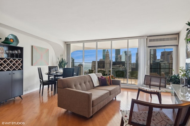 living room with expansive windows, light hardwood / wood-style floors, and plenty of natural light