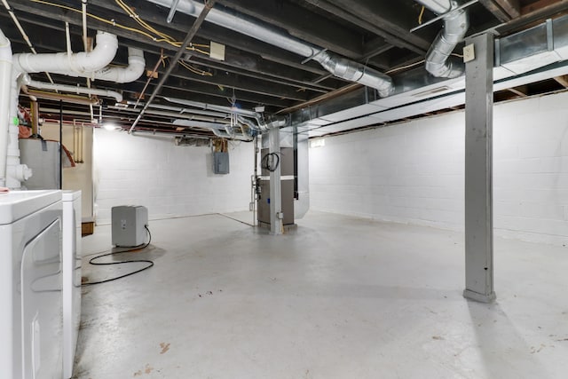 basement with electric panel, washer / clothes dryer, heating unit, and water heater