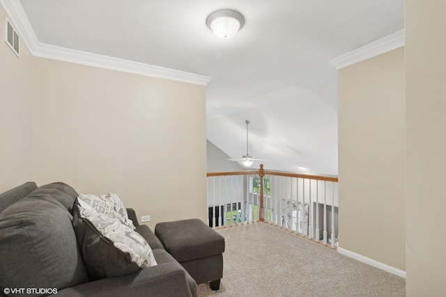 living area featuring ceiling fan, visible vents, carpet floors, and ornamental molding