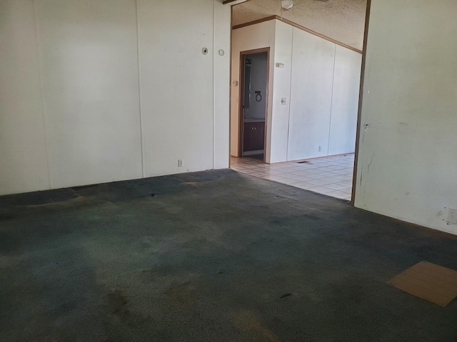 carpeted empty room with lofted ceiling and a textured ceiling