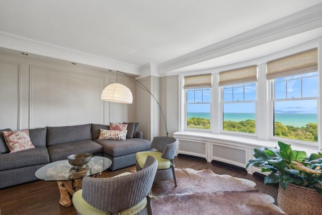 living room with dark hardwood / wood-style floors, radiator heating unit, crown molding, and a water view