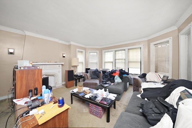 living area featuring crown molding, baseboards, and light colored carpet