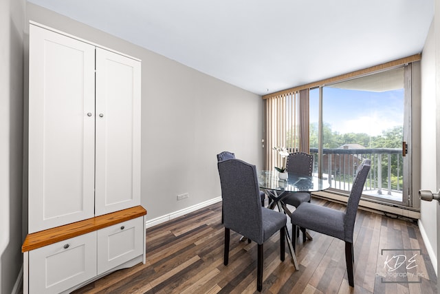 dining area with a baseboard radiator and dark hardwood / wood-style floors