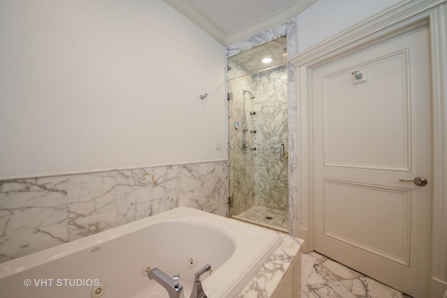 bathroom with ornamental molding, marble finish floor, a shower stall, and a whirlpool tub