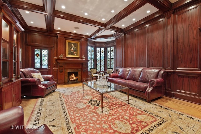 interior space with a warm lit fireplace, wooden walls, coffered ceiling, beamed ceiling, and crown molding