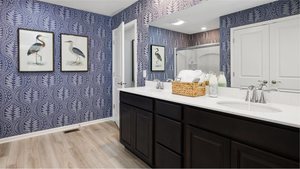 1376 Keller St, Elburn, IL 60119 - full bathroom with wallpapered walls, wood finished floors, double vanity, baseboards, and a shower